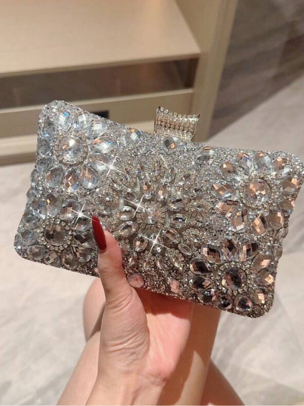 Silver  Crystal Embellished Evening Clutch - Elegant Sparkle